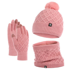 Autumn And Winter Hat Scarf Gloves Knitted Hat Amazon Outdoor Fleece-lined Warm Fur Ball Thickened Woolen Cap Three-piece Set
