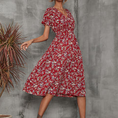 Summer Floral Print Short Sleeved V-neck High Waisted Dress A-line Skirt Mid Length Skirt
