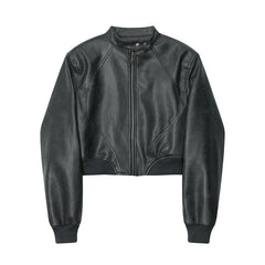 American Fashion Stand Collar Long Sleeve Short PU Leather Short Jacket