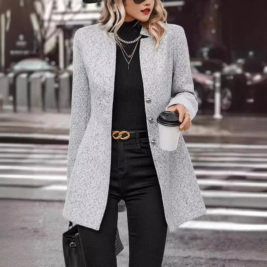 Long Sleeve Solid Color Stand Collar Button Trench Coat Fashion Women's Casual Woolen Coat