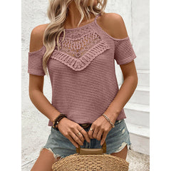 Womens Summer Cold Shoulder Tops Hollow Out Lace Crochet Short Sleeve Casual Blouse Top