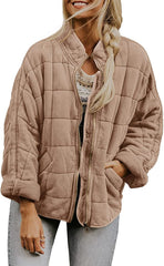 Winter Zip-up Stand Collar Coat With Pockets Fashion Solid Color Plaid Long Sleeved Jacket Women's Clothing