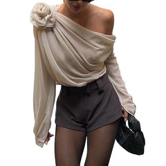 Women's Off Shoulder Tops Elegant Long Sleeve Asymmetrical Neck Ruched Chiffon Blouse Shirts Going Out Top Y2k Shirts