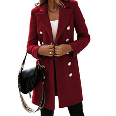 Turndown Collar Jacket For Women Autumn Winter Long-sleeved Double-breasted Woolen Coat