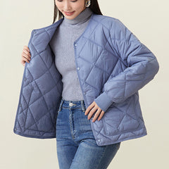 New Rhombus Sewing Cotton Coat Winter Warm Round-neck Jacket With Pockets Lightweight Outerwear For Women's Clothing