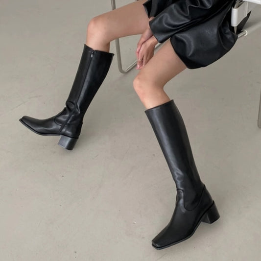 Simple Straight Square Head Below The Knee Long Boots Side Zipper