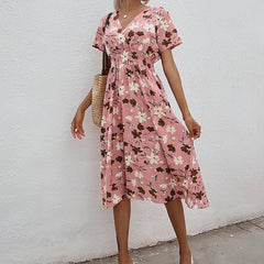 Summer Floral Print Short Sleeved V-neck High Waisted Dress A-line Skirt Mid Length Skirt