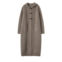 Long Below Knee Thickening Hooded Sweater Horn Button Trench Coat
