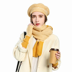 Female Plaid Painter Warm Hat Scarf Gloves Three-piece Suit