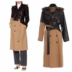 Leather Stitching Trench Coat Tied Double Breasted Fitted Waist Over The Knee