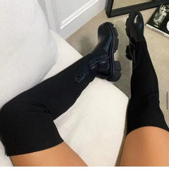 Women's Over-the-knee Round Toe Pure Color Flying Knit Socks Boots