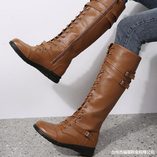 Round Toe Front Lace-up Tube Side Zipper Knight Boots