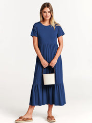 Women's Sub-round Neck Pleating Layered Large Swing Casual Dress