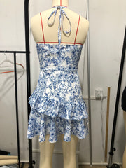 Dress Floral Flounce Halter Lace-up Sexy Waist Trimming