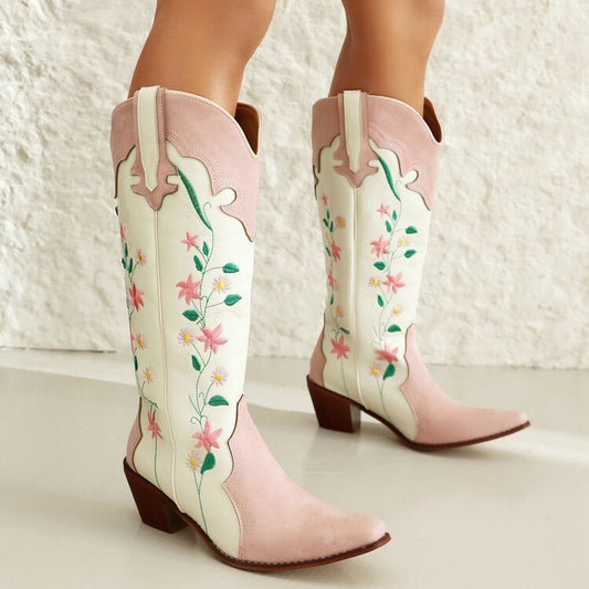 Plus Size National Classic Embroidered Boots Thick-heeled Embroidered Knight Knee Boots