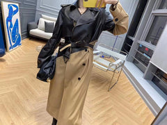 Leather Stitching Trench Coat Tied Double Breasted Fitted Waist Over The Knee