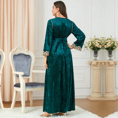 Loose Slim V-neck High-end Women's Long-sleeved Canary Velvet Dress