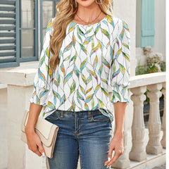 Womens Dressy Casual 3 4 Sleeve Tops Summer Trendy Puff-Sleeve Crew Neck Blouses With Smocked Cuffs