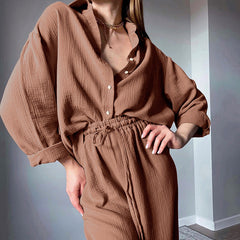 Shirt Pajamas Loose Double-layer Gauze Long Sleeve Trousers Suit Outer Wear Ladies' Homewear