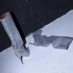 Pointed Toe Cashmere Solid Color Women's Rhinestone Stiletto Heel Knee Boots