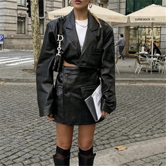 Spicy Girl Style Leather Coat Skirt Fashion Suit