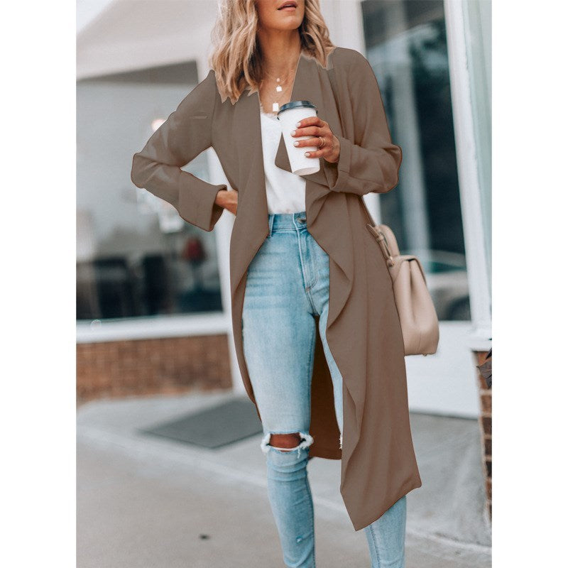 Women's Thin Windbreaker Long Coat Autumn Office Slim Coat
