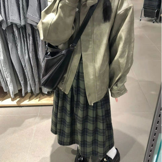 Vintage Wool Green Plaid Back Strap Matte Dress