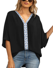 Summer Women's Bat Sleeve Chiffon V-neck Shirt