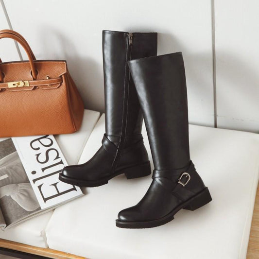 Womens Boots Shoes Flat Knee High Pu Leather  Buckle Riding Calf