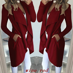 Women's Plus Size Solid Color Polo Collar Slim Fit Long Trench Coat