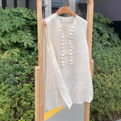 Linen Vest For Women Mid-length Unique Tassel Sleeveless Shirt Summer
