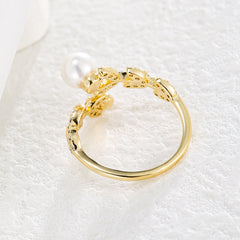 Leaf Pearl Open Adjustable Ring