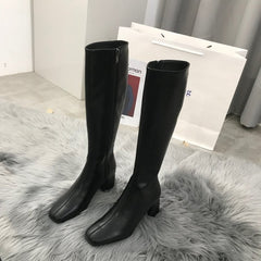 Women's Knee Side Zipper Square Toe Boots