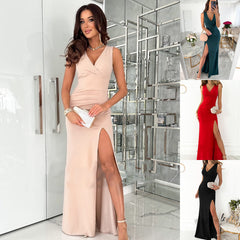 Summer New Pure Color Simple V-neck Sleeveless Dress