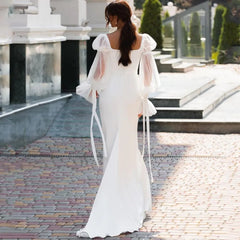 Elegant Satin Mermaid Wedding Dress With Long Puff Sleeves