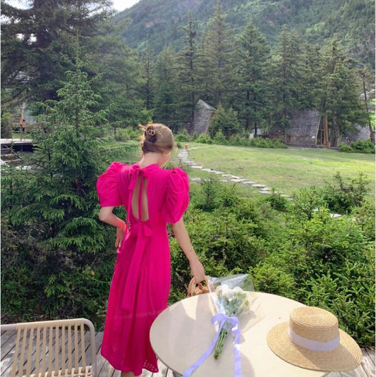 Red Strap Bubble Sleeve Backless Dress Summer