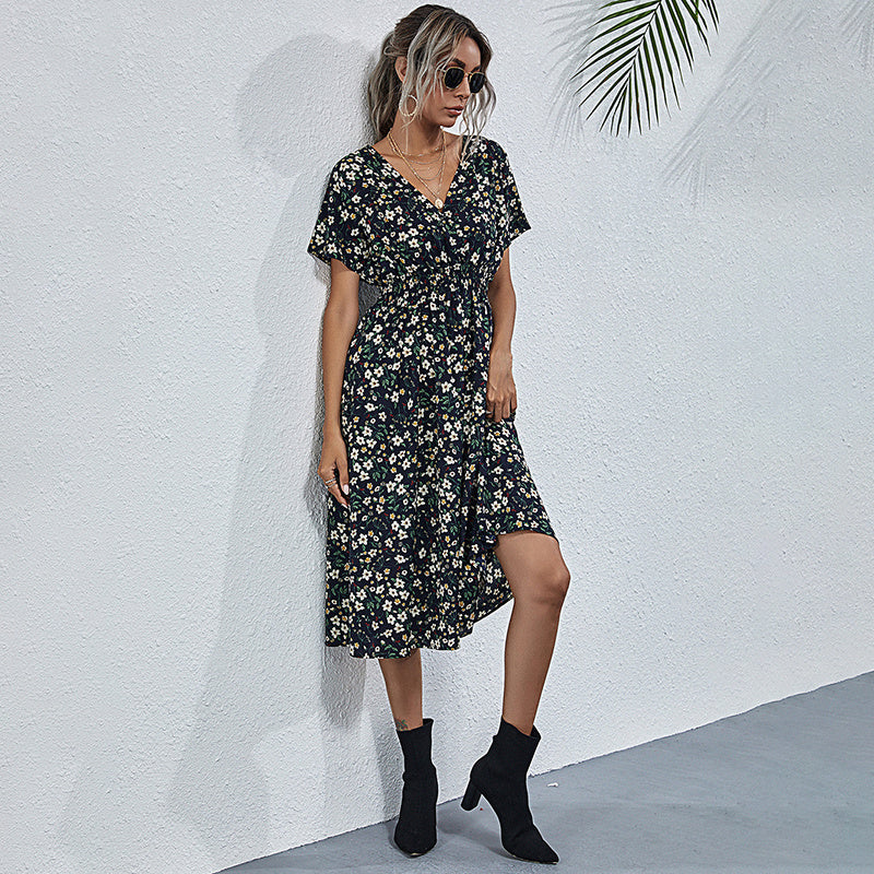 Women's V-Neck Floral Print Dress - A-Line Waisted Summer Maxi Dress