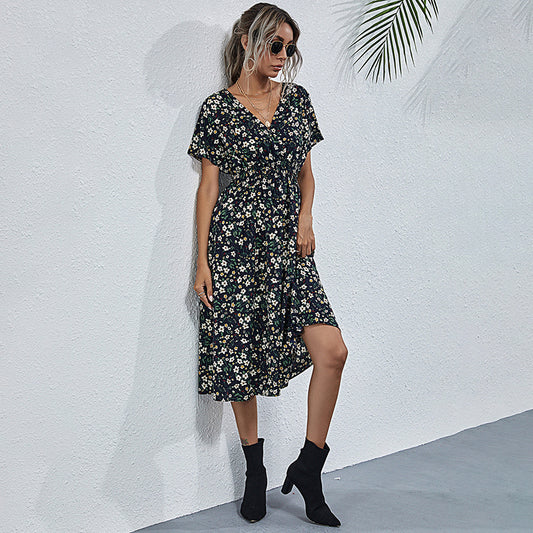 Women's V-Neck Floral Print Dress - A-Line Waisted Summer Maxi Dress