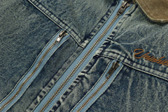 Color Stitching Turnover Neck Denim Puffer Jacket