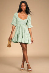 Square Collar Short Sleeve Plaid High Waist Dress