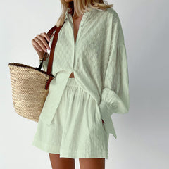 Women's European And American Shirt Jacquard Puff Sleeve Elegant Top Shorts Commuter Design Casual Suit