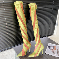 Pointed Heel Elastic Thread Stitching Mesh Long Tube Over The Knee Boots