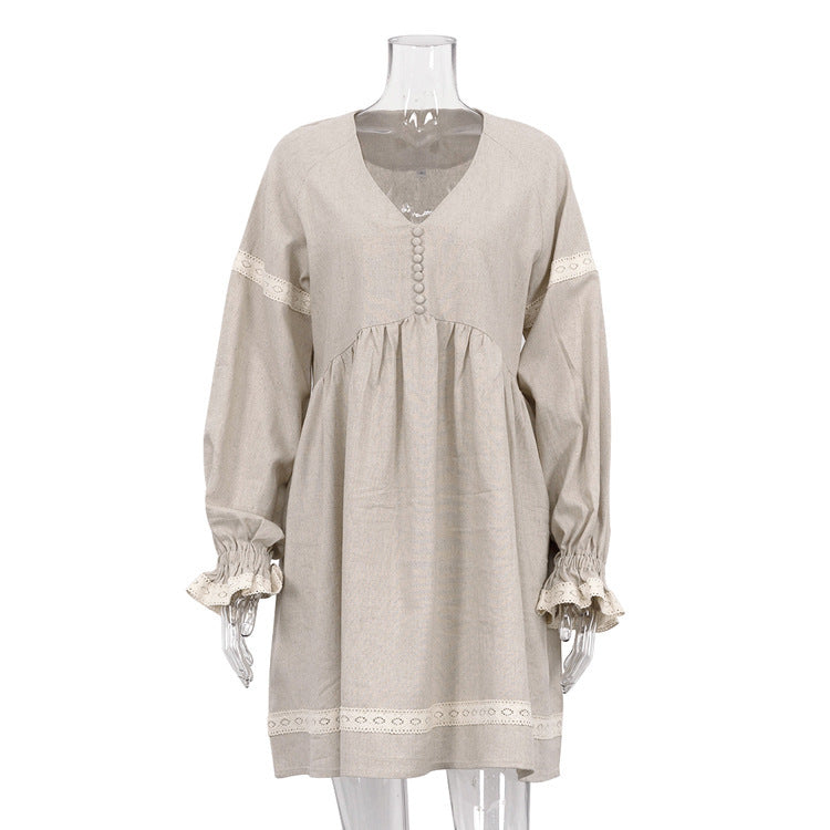 Cotton And Linen French Dress Temperament Commute V-neck Lantern Sleeve Loose Dress