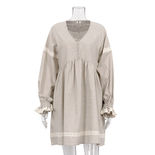 Cotton And Linen French Dress Temperament Commute V-neck Lantern Sleeve Loose Dress