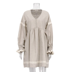 Cotton And Linen French Dress Temperament Commute V-neck Lantern Sleeve Loose Dress
