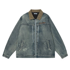 Color Stitching Turnover Neck Denim Puffer Jacket