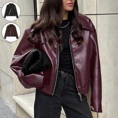 Lapel Zipper Jacket  Casual Long Sleeve Leather Coat