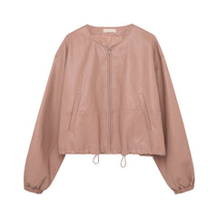 Autumn Drawstring Simple  Leather Jacket Top Fashionable Clothing