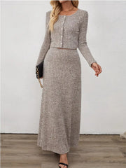 Oriented Fashion Elegant Autumn-Winter New Long-Sleeve Flared Skirt Button-Up Round Neck Cardigan Short Solid Color Goddess Soft Temperament Midi Dress Set