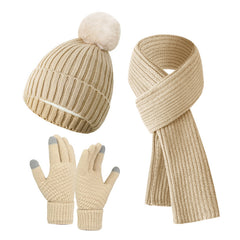 Solid Color Woven Hat Scarf And Gloves Warm Set